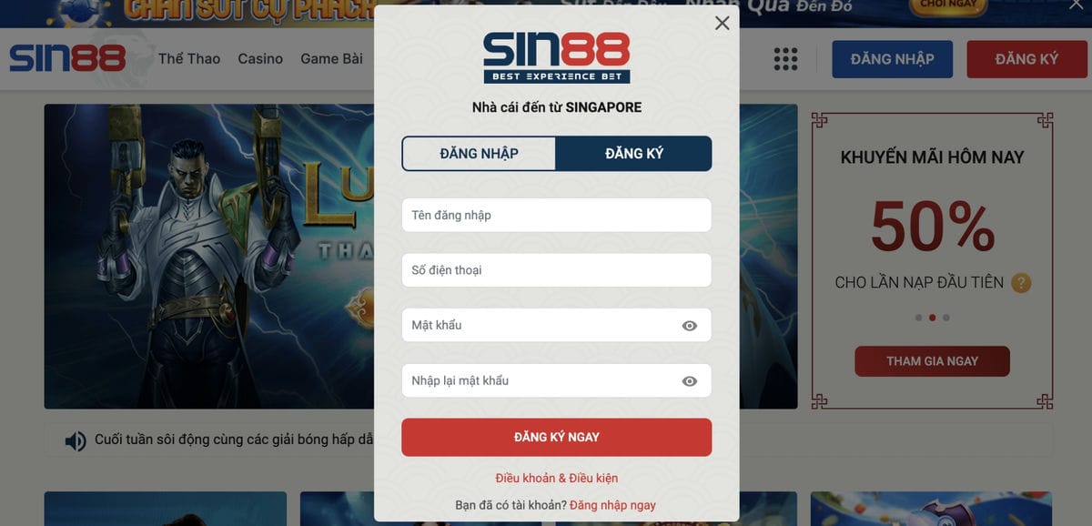 Đăng ký tài khoản nhanh chóng tại nhà cái Sin88