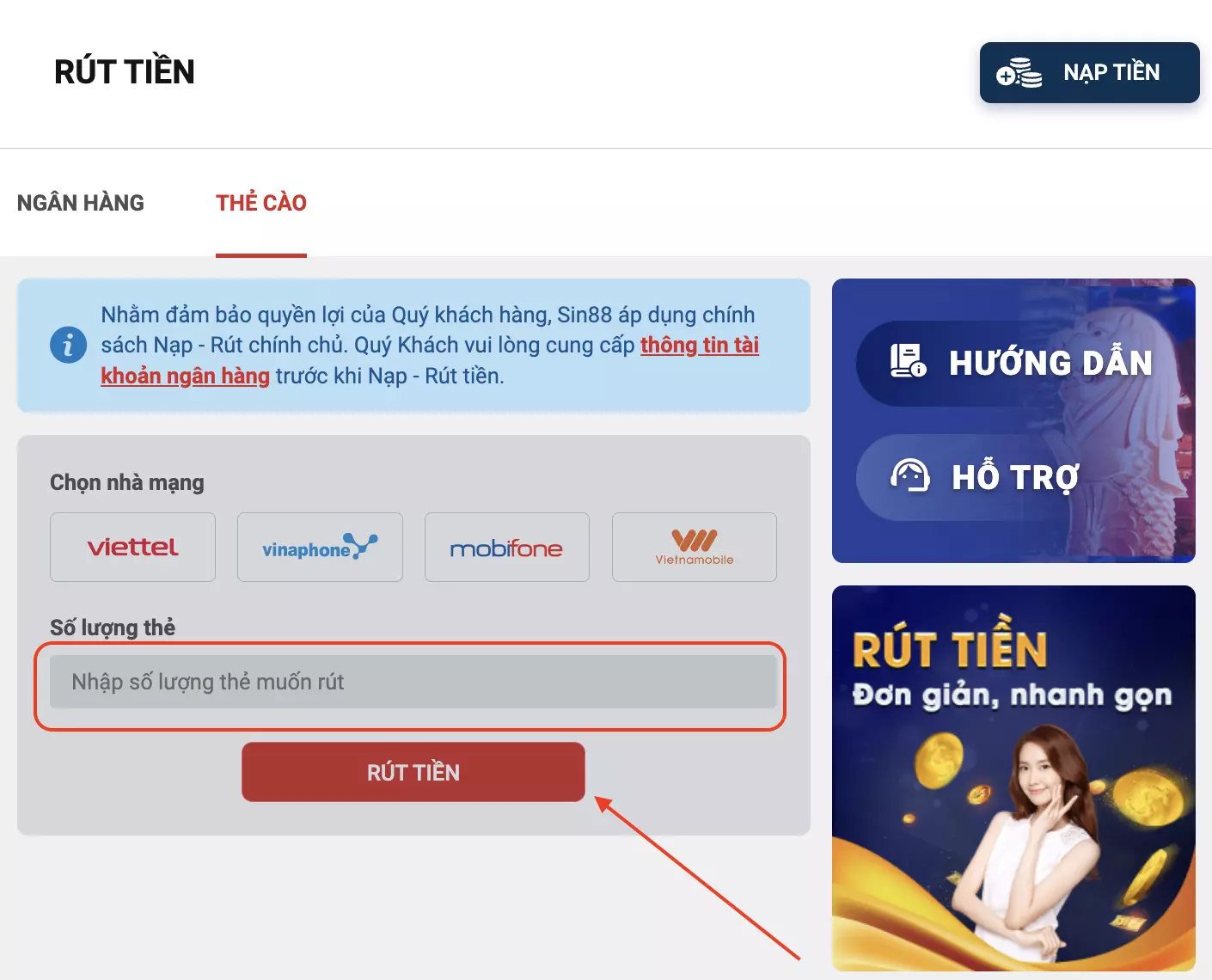 Rút tiền thẻ cào tại nhà cái Sin88