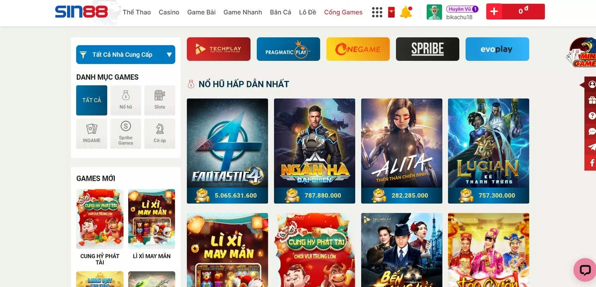 Cổng game Sin88 đa dạng trò chơi